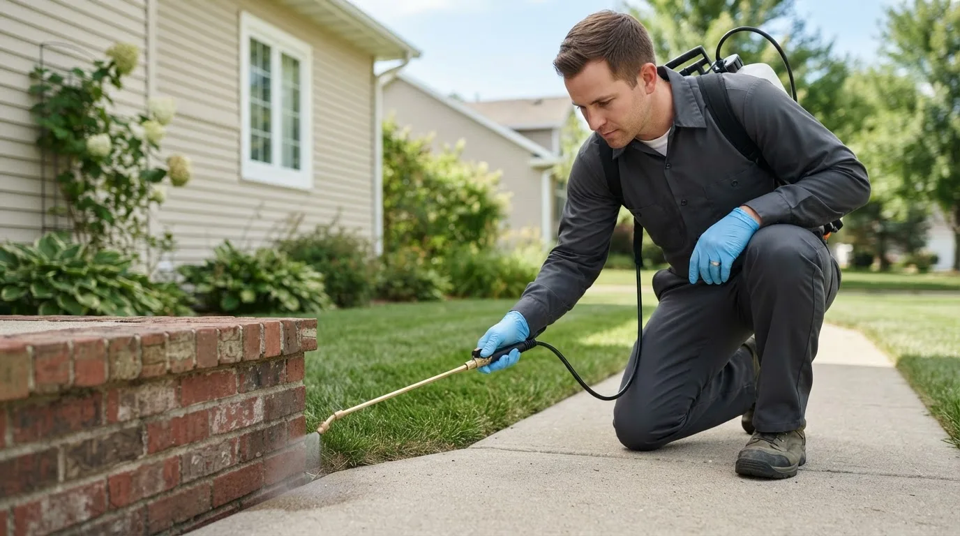 Pest control technician treating a home near Caldwell, AR