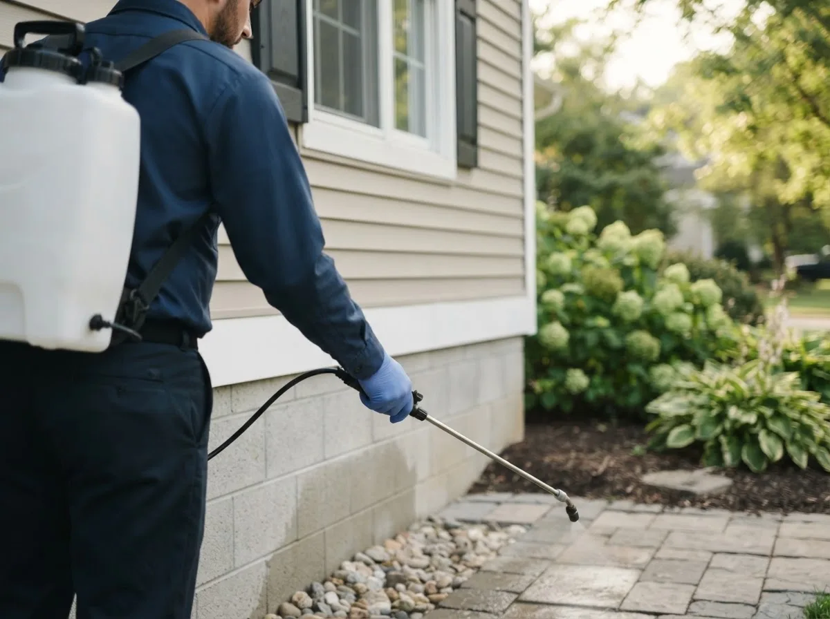 Pest control technician inspecting a home in Caldwell, AR